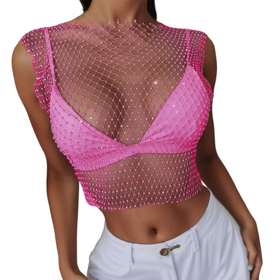 LINGLANG Womens Summer Tops Dressy Casual Sexy Rhinestone Mesh Tank Tops See Through Crop Top Oversized Tshirts