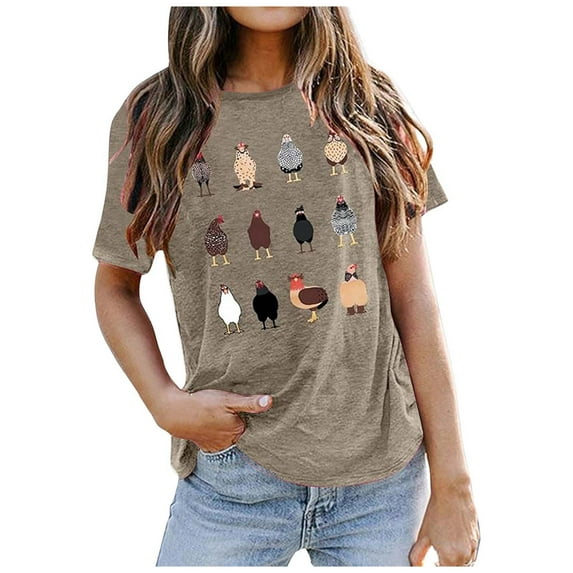LINGLANG Womens Summer Tops Dressy Casual Summer Chick Print Comfort Fit Colored Top Short Sleeved T Shirt Tshirts Shirts