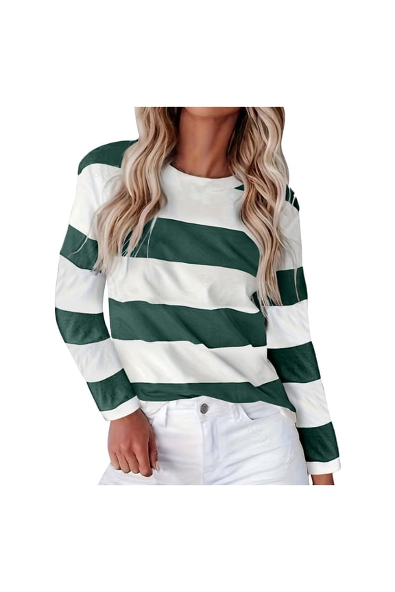 Womens Summer Tops Loose Fit Casual Crew Neck Long Sleeve Color Matching Printed Top T Shirt Tshirts Shirts