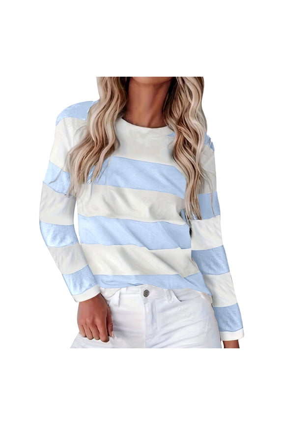 Womens Summer Tops Loose Fit Casual Crew Neck Long Sleeve Color Matching Printed Top T Shirt Tshirts Shirts