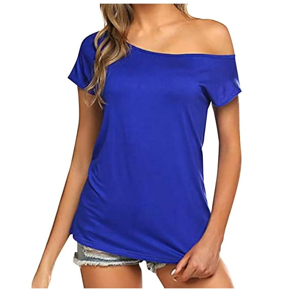 LINGLANG Womens Summer Tops Loose Fit Casual Off Shoulder Solid Color Irregular Top Short Sleeve T Shirt Tshirts Shirts
