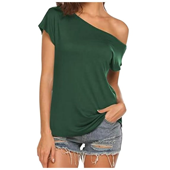 LINGLANG Womens Summer Tops Loose Fit Casual Off Shoulder Solid Color Irregular Top Short Sleeve T Shirt Tshirts Shirts
