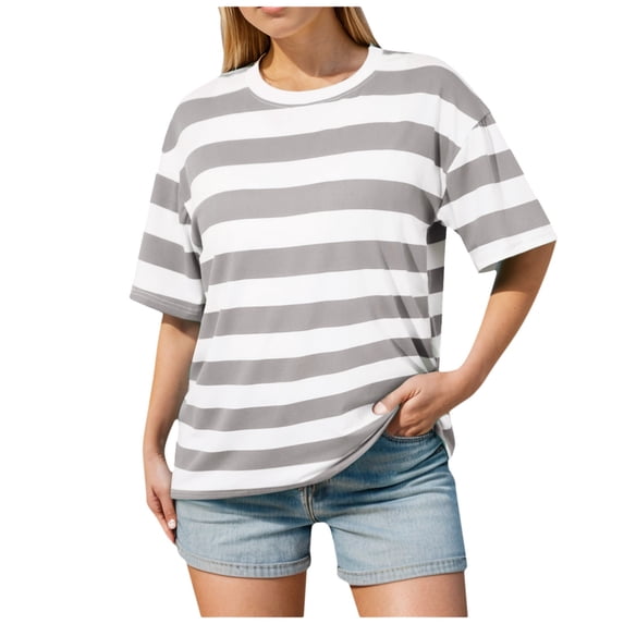 LINGLANG Womens Summer Tops Loose Fit Striped Short Sleeved Bottoming Shirt Wear Korean Loose Large Tops In The Spring Autumn. Tshirts Shirts