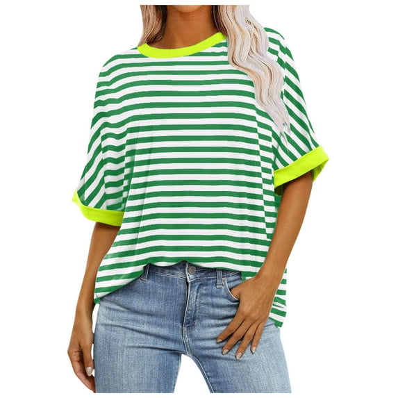 LINGLANG Womens Summer Tops Loose Fit Summer Casual Round Neck Loose T Shirt Striped Gradient Printed Short Sleeved T Shirt Top Oversized Tshirts