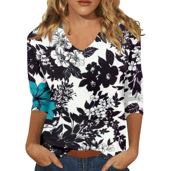 LINGLANG Womens Summer Tops Loose Fit Summer Tops 2024 3/4 Sleeve V Neck Plus Size Blouse Solid Color Ethnic Floral Printed Casual Basic Shirts Tshirts Shirts