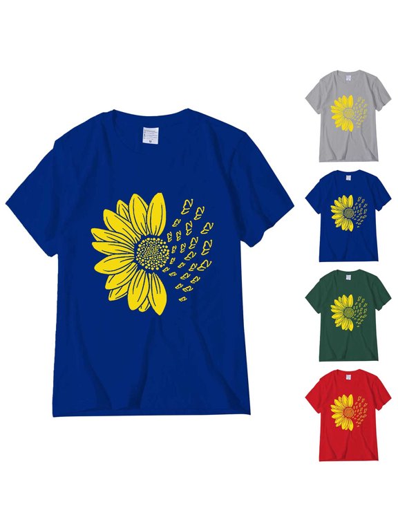 Womens Sunflower Fluttering Butterflies Graphic Tee Crewneck Short Sleeve Botanical Garden Nature Summer Casual Top