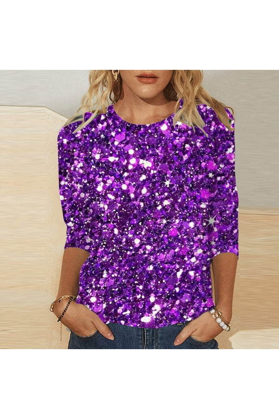Womens Tops Casual Casual Crew Neck Carnival Sequin Effect 3/4 Length Sleeve T Shirts Top Under $5