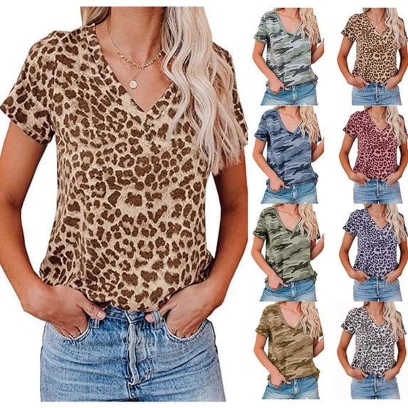 LINGLANG Womens Tops Casual Casual Leopard Print Camo Print V Neck Short Sleeve T Shirt Under $5