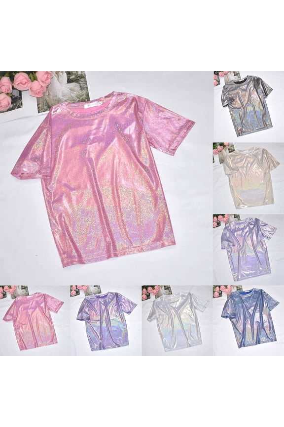 Womens Tops Casual Fashion Casual Thin Base Shirt Bright Silk Shiny Round Neck Short Sleeve Plus Size T Shirt Top Under $5