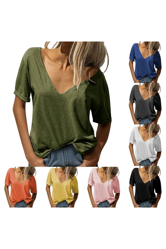 Womens Tops Casual Fashion Deep V Neck Short Sleeve Top Solid Color Casual Loose Basic T Shirt Under $5