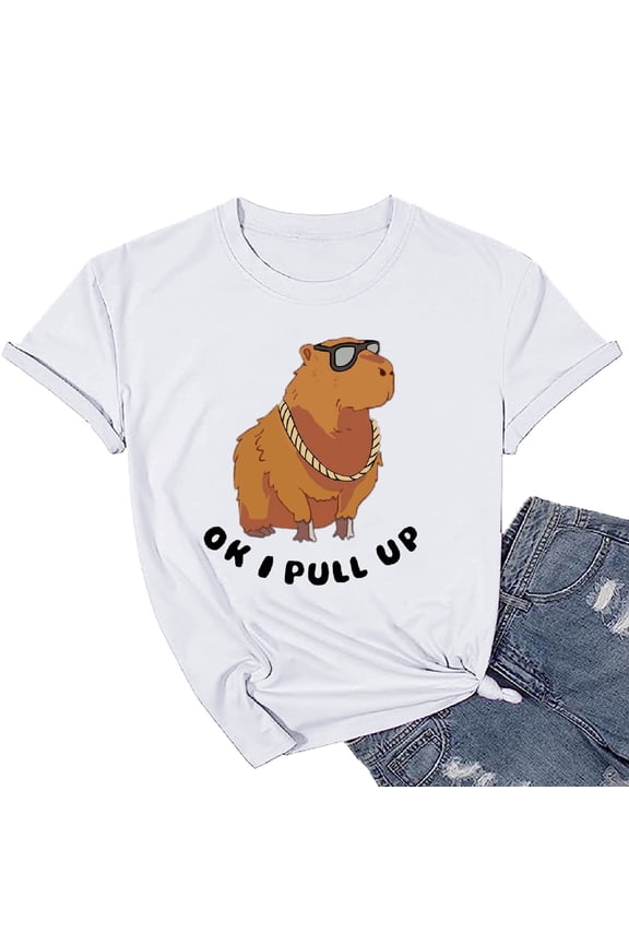 Womens Tops Casual Graphic T Shirt Capybarselfie Cute Cartoon Printed T Shirt Color Under $5