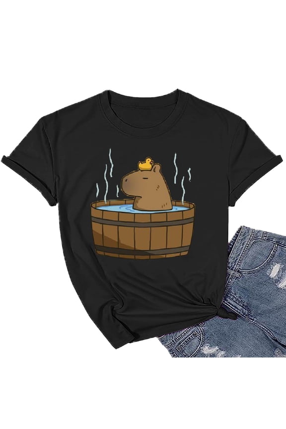 Womens Tops Casual Graphic T Shirt Capybarselfie Cute Cartoon Printed T Shirt Color Under $5