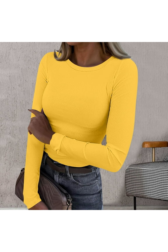 Womens Tops Casual Long Sleeve Stretch Crewneck Ribbed T Shirt Fitted Casual Basic Tops Under $5
