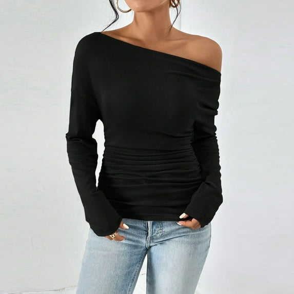 LINGLANG Womens Tops Casual Off Shoulder Tops Long Sleeve Asymmetrical Slim Fit Going Out Fall Blouse Ruched Tight Shirts Under $5