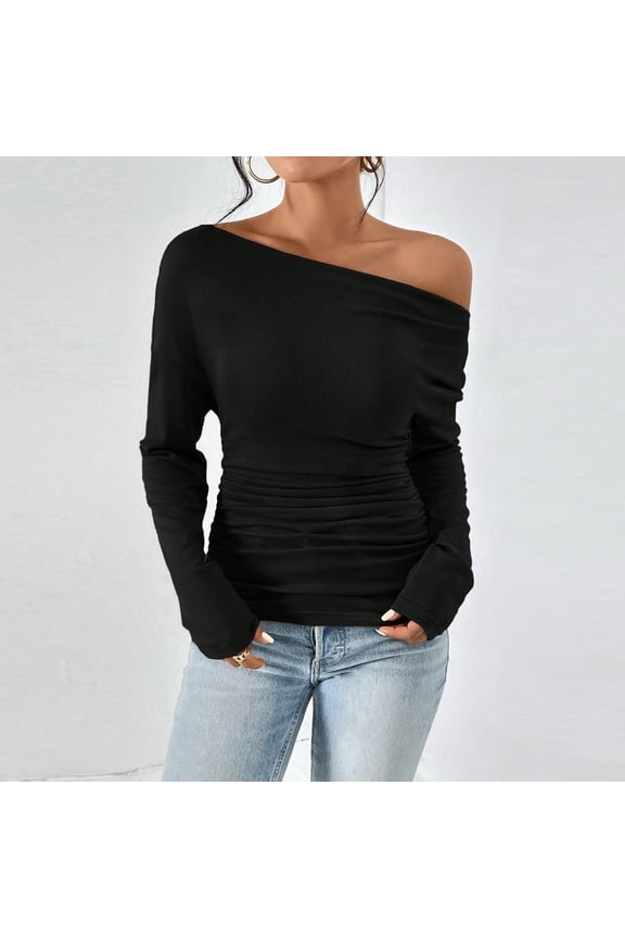 Womens Tops Casual Off Shoulder Tops Long Sleeve Asymmetrical Slim Fit Going Out Fall Blouse Ruched Tight Shirts Under $5