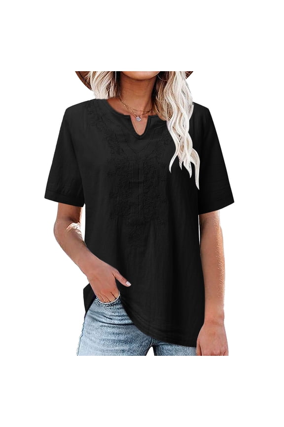 Womens Tops Casual Solid Color Fashion V Neck Embroidered Embossed Short Sleeve Top Under $5