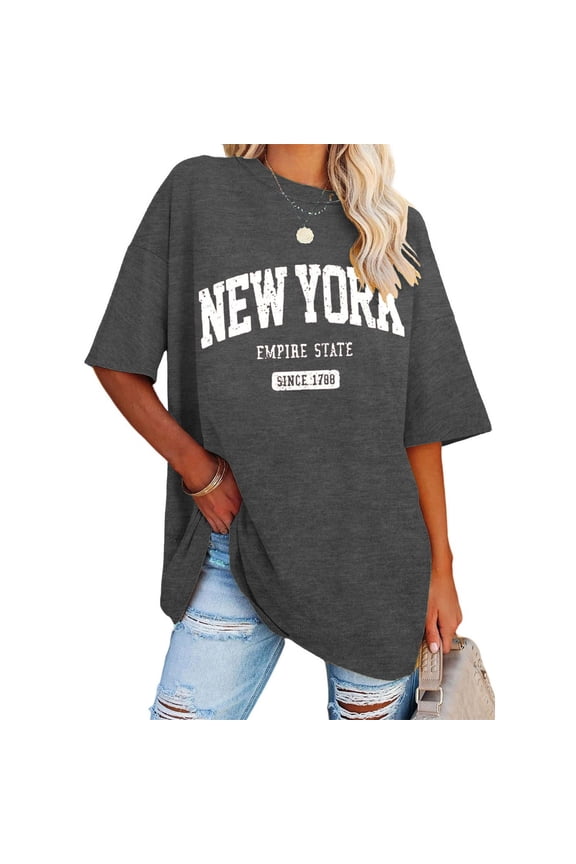 Womens Tops Casual Sweatshirt Summer Half Sleeved Long Shirt Vintage New York Letter Print Casual Fashion T Shirt Under $5