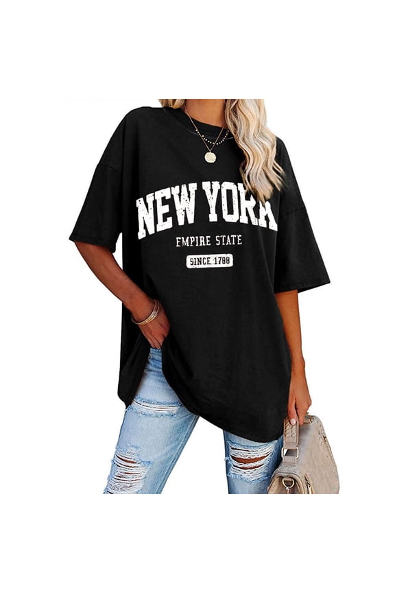 Womens Tops Casual Sweatshirt Summer Half Sleeved Long Shirt Vintage New York Letter Print Casual Fashion T Shirt Under $5