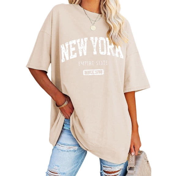 LINGLANG Womens Tops Casual Sweatshirt Summer Half Sleeved Long Shirt Vintage New York Letter Print Casual Fashion T Shirt Under $5
