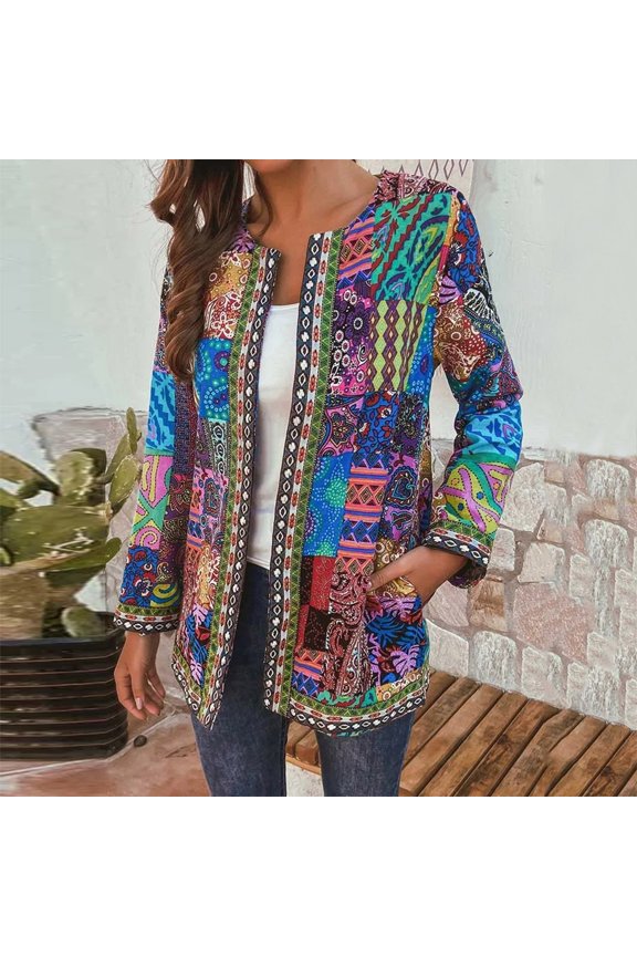 Womens Tops Trendy Boho Cardigan Fashion Leisure Retro Print Loose Long Sleeve Coat With Pockets Under $5