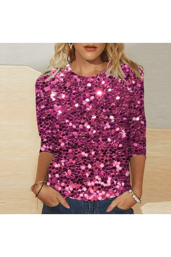 Womens Tops Trendy Casual Crew Neck Carnival Sequin Effect 3/4 Length Sleeve T Shirts Top Under $5