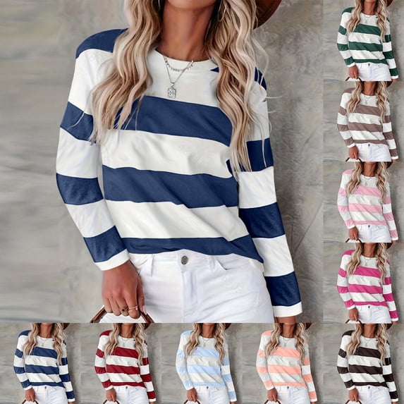 LINGLANG Womens Tops Trendy Casual Crew Neck Long Sleeve Color Matching Printed Top T Shirt Under $5