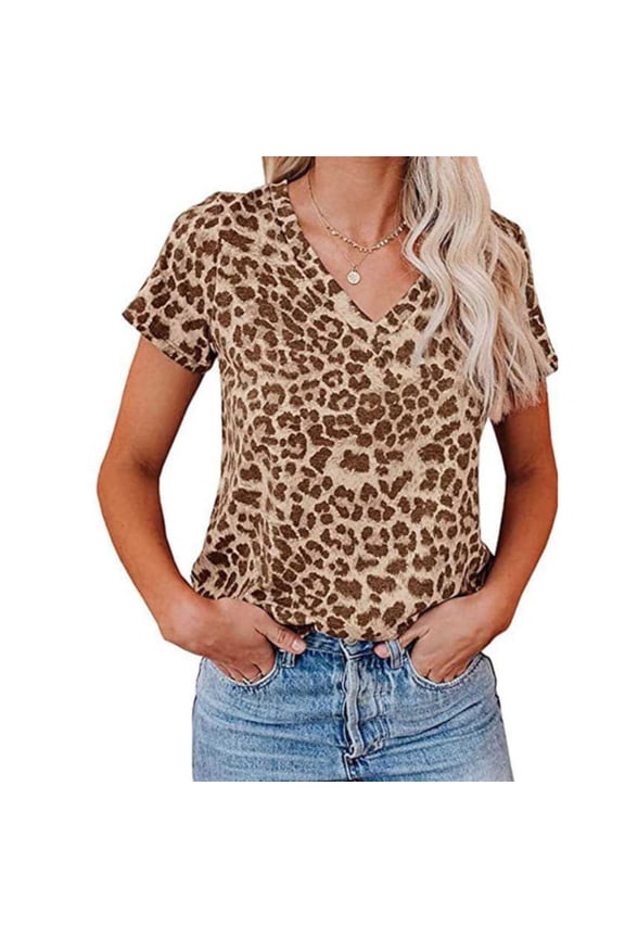 Womens Tops Trendy Casual Leopard Print Camo Print V Neck Short Sleeve T Shirt Under $5