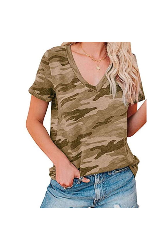 Womens Tops Trendy Casual Leopard Print Camo Print V Neck Short Sleeve T Shirt Under $5