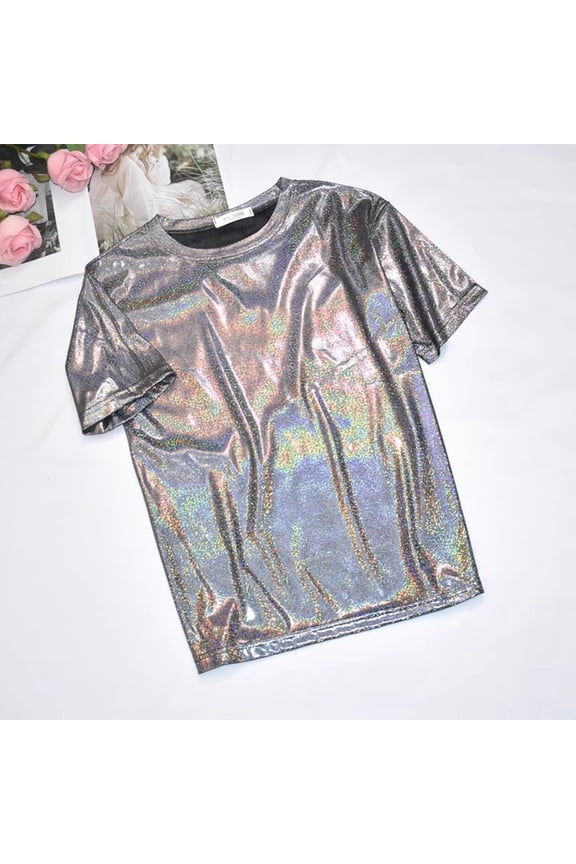 Womens Tops Trendy Fashion Casual Thin Base Shirt Bright Silk Shiny Round Neck Short Sleeve Plus Size T Shirt Top Under $5