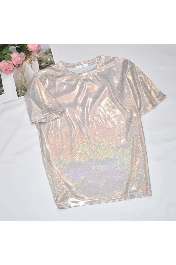 Womens Tops Trendy Fashion Casual Thin Base Shirt Bright Silk Shiny Round Neck Short Sleeve Plus Size T Shirt Top Under $5