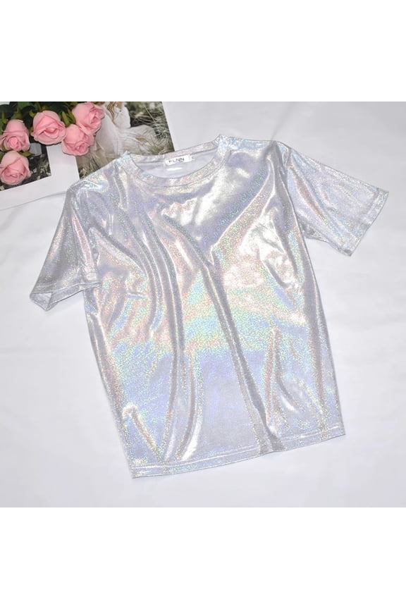 Womens Tops Trendy Fashion Casual Thin Base Shirt Bright Silk Shiny Round Neck Short Sleeve Plus Size T Shirt Top Under $5