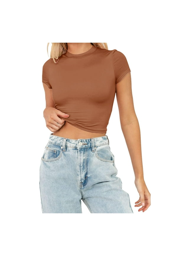 Womens Tops Trendy Fashion Summer Short Sleeve Cute Crop Tops Casual Basic Crewneck Slim Fit T Shirts Under $5
