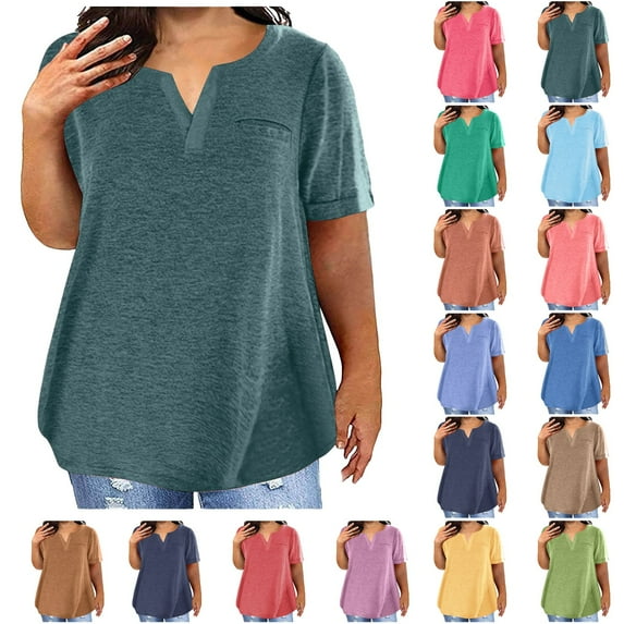LINGLANG Womens Tops Trendy Fashion Top Color Block Gradient Print V Neck Top Shirt Short Sleeveshirt Casual Loose Top Blouse Under $5