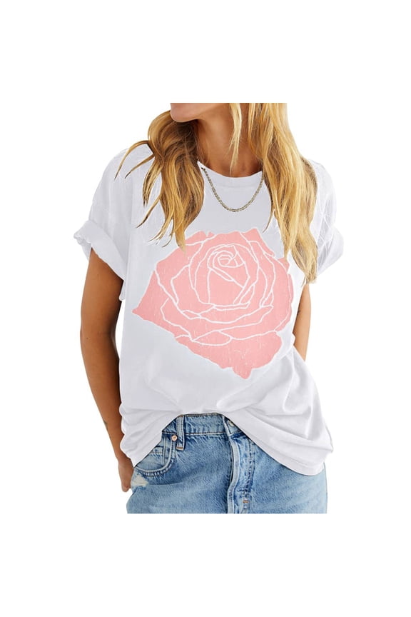 Womens Tops Trendy Rose Graphic Tee T Shirt Loose Fit Summer Short Sleeve Boyfriend Casual Crew Neck Tops Under $5