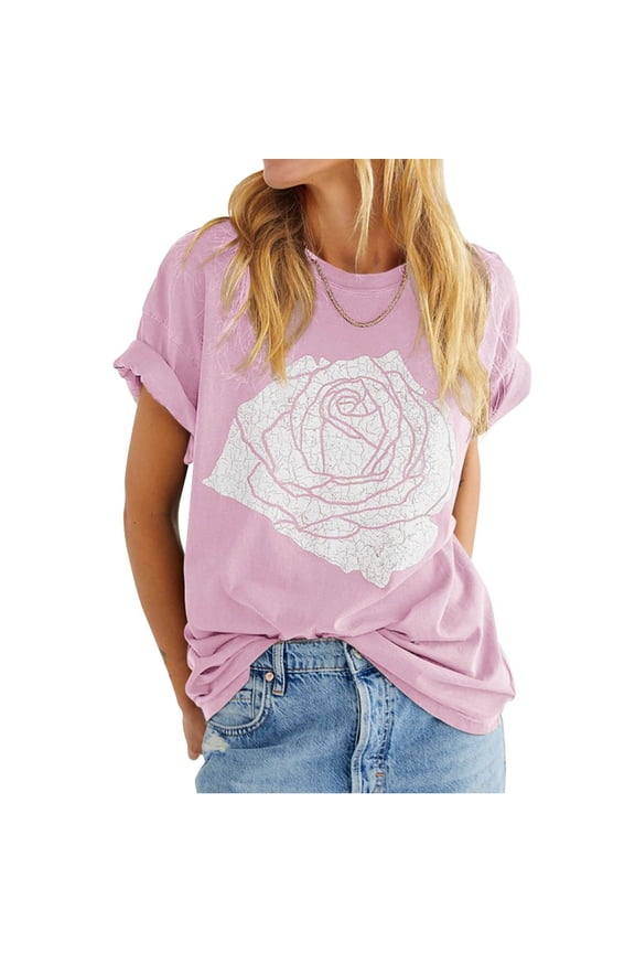 Womens Tops Trendy Rose Graphic Tee T Shirt Loose Fit Summer Short Sleeve Boyfriend Casual Crew Neck Tops Under $5