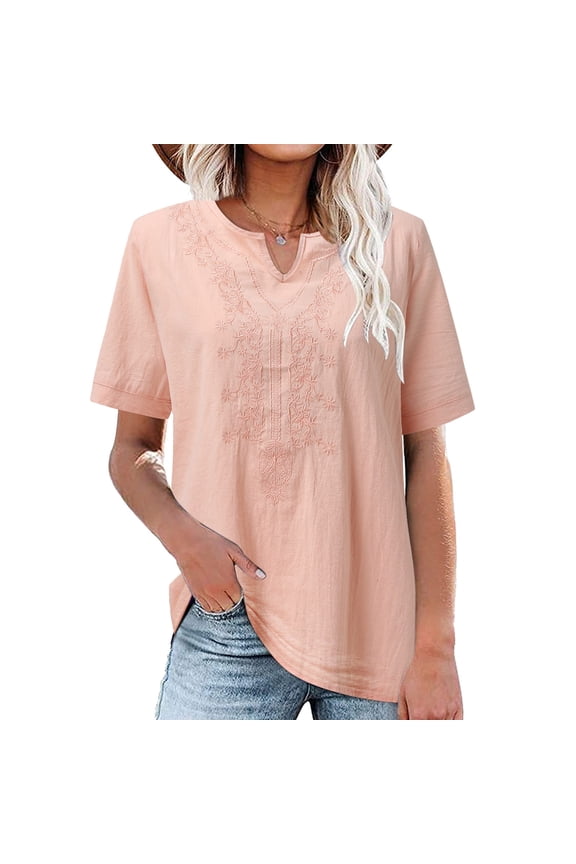 Womens Tops Trendy Solid Color Fashion V Neck Embroidered Embossed Short Sleeve Top Under $5
