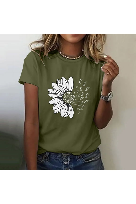 Womens Tops Trendy Sunflower Summer T Shirt Plus Size Loose Blouse Tops Girl Short Sleeve Graphic Casual Tees Under $5