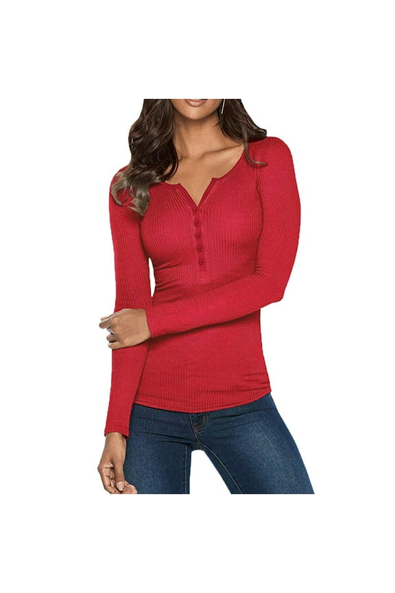 Womens Tops Trendy V Down Neck Shirtssleeve Button Tees Tops Long Solidblouse Under $5