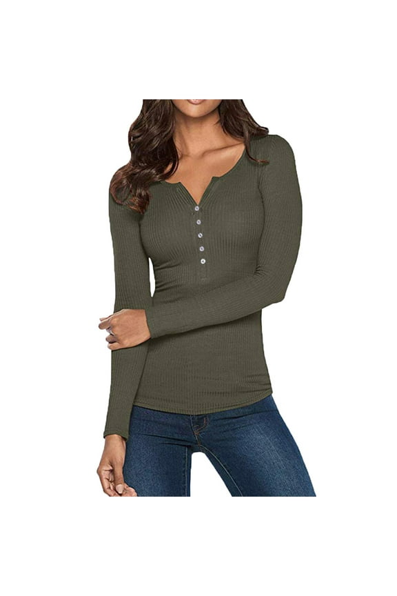Womens Tops Trendy V Down Neck Shirtssleeve Button Tees Tops Long Solidblouse Under $5