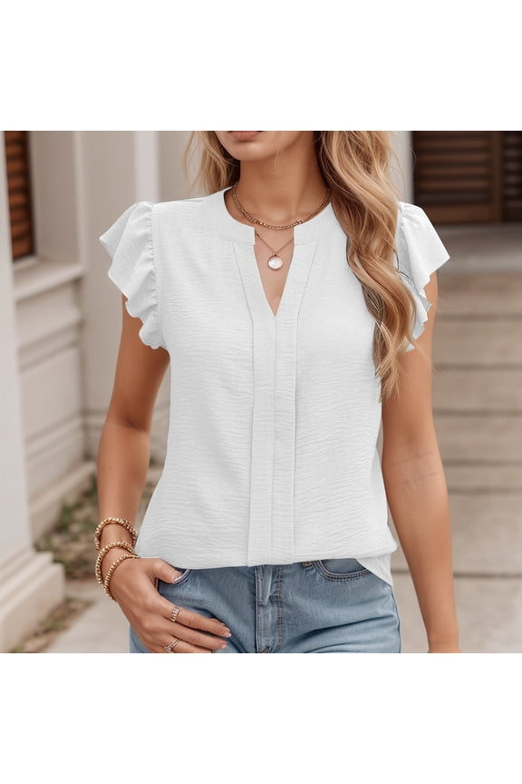 Womens White Blouse V Neck Ruffle Sleeve Flowy Shirts Dressy Casual Cute Summer Tops Business Work Tops