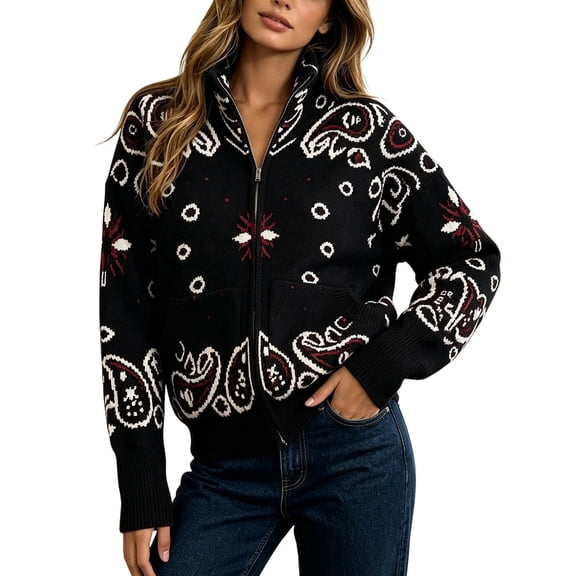 LINGLANG Womens Zip Up Knit Jacket Bandana Paisley Print Stand Collar Long Sleeve Ribbed Trim Casual Jackets