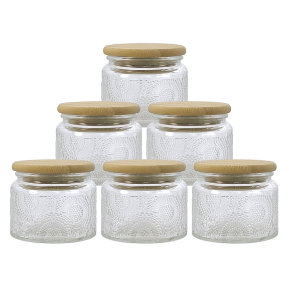 LINGSHINE 4 oz Mini Glass Food Storage Jars with Reusable Bamboo Lids, 6-Count 6 Clear Embossed, Home Décor Candle Making Parties Wedding Baby Shower Favors Gift
