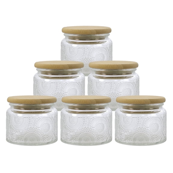 LINGSHINE 4 oz Mini Glass Food Storage Jars with Reusable Bamboo Lids, 6-Count Clear Embossed, Home Décor Candle Making Parties Wedding Baby Shower Favors Gift