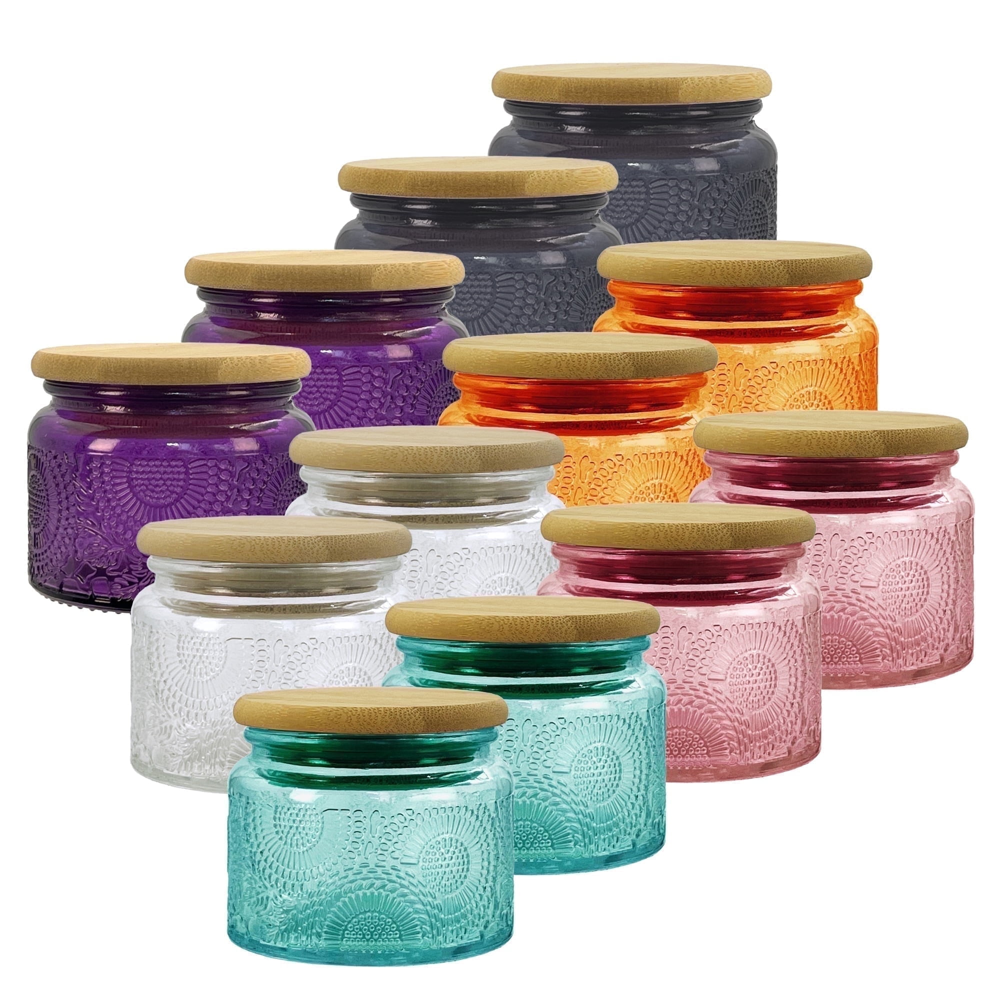 LINGSHINE 4 oz Mini Glass Food Storage Jars with Reusable Bamboo Lids, 12-Count 6 Colors Embossed, Home Décor Candle Making Parties Wedding Baby Shower Favors Gift