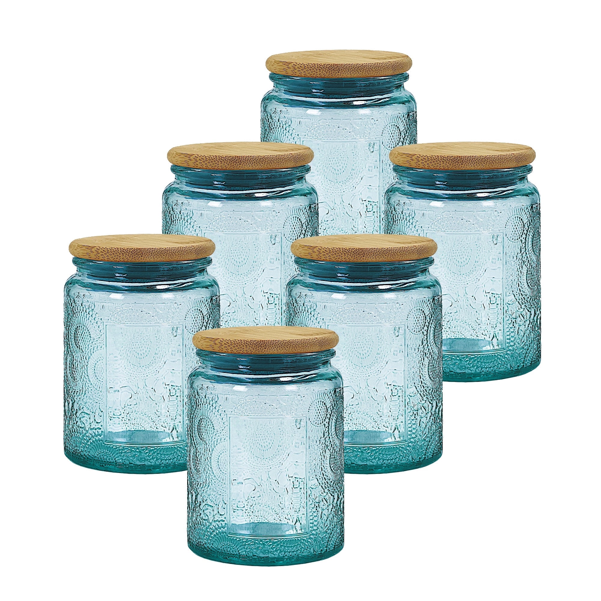 LINGSHINE 8oz Blue Glass Jars with Reusable Bamboo Lids, 6 pack Embossed, Home Décor Food Storage Candle Parties Wedding Baby Shower Favors Gift