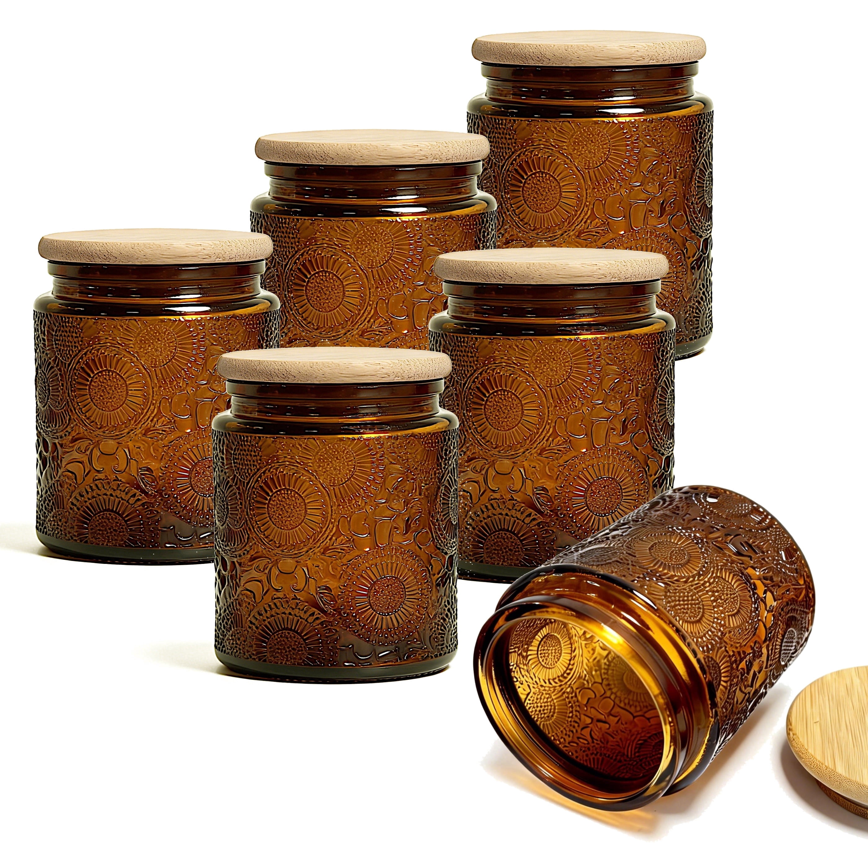 LINGSHINE 8oz Dark Amber Glass Jars with Reusable Bamboo Lids, 6 pack Embossed, Home Décor Food Storage Candle Parties Wedding Baby Shower Favors Gift