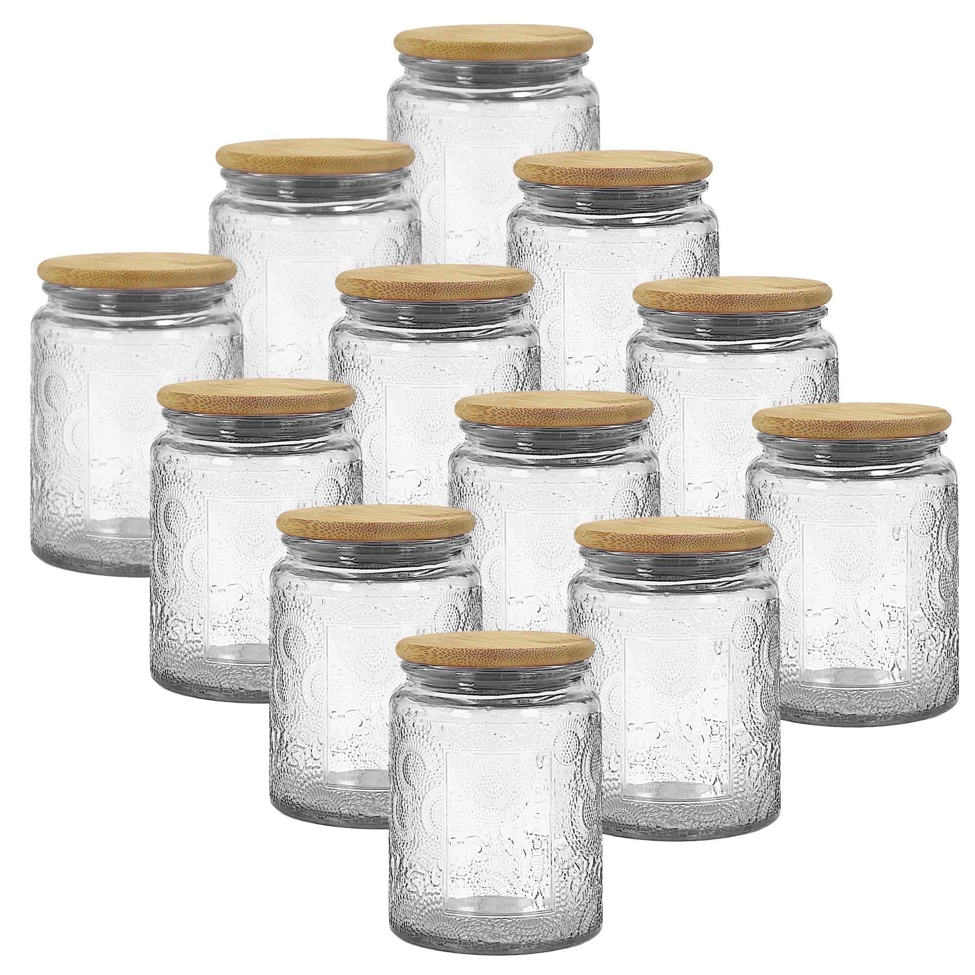 LINGSHINE 8oz Glass Jars with Reusable Bamboo Lids, 12 pack Clear Embossed, Home Décor Food Storage Candle Parties Wedding Baby Shower Favors Gift…
