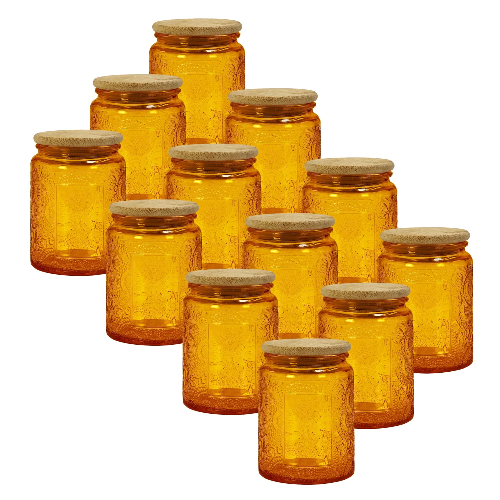LINGSHINE 8oz Glass Jars with Reusable Bamboo Lids, 12 pack Orange Amber, Home Décor Food Storage Candle Parties Wedding Baby Shower Favors Gift