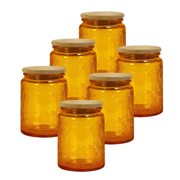 LINGSHINE 8oz Glass Jars with Reusable Bamboo Lids, 6 pack Orange Amber