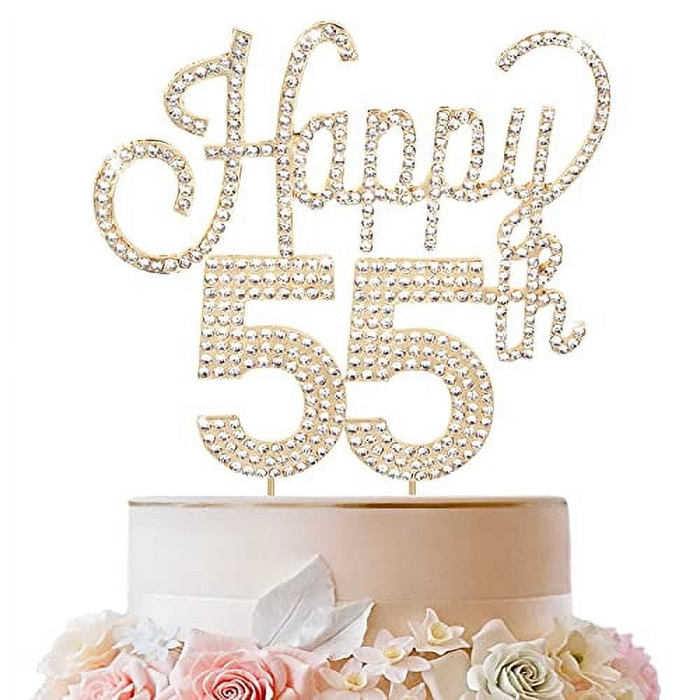 LINGTEER Happy 55th Birthday Gold Rhinestone Cake Topper - Cheers to ...